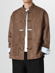 New 2024 Mens Casual Jacket Coat Loose Stand Collar Traditional Chinese Style Outerwear Youth Popular Standard Fit Long Sleeve