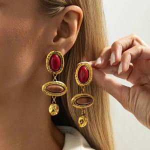 KunJoe Vintage Inlaid Resin Acrylic Oval Pendant Earrings for Women Luxury Gold Color Geometric Drop Earrings Party Jewelry Gift