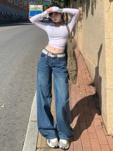 BRN Retro American Low Waist Denim Pants Womens Spring Autumn Drapey Loose Wide Leg Straight Leg Jeans Casual Cotton Polyester Blend
