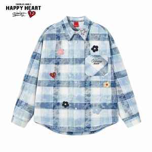CHARLES JANGS HAPPY HEART | Retro Japanese Style Plaid Long Sleeve Shirt