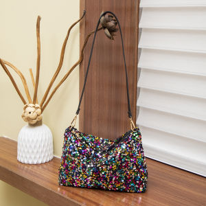 Fashionable Sequin Womens Shoulder Bag Versatile Chic Underarm Small Bag American Retro Style Daily Use Polyester Material