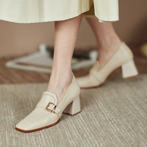 Fashionable British Style Metal Buckle High Heels Womens Chunky Heel Square Toe Slimming Leather Shoes Retro All-Match Single Shoes