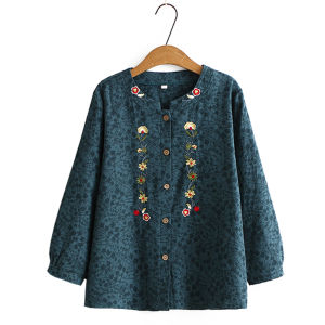 ชุดสองชิ้นผ้าฝ้ายสำหรับผู้หญิงวัยกลางคนและผู้สูงอายุ ฤดูใบไม้ผลิและฤดูใบไม้ร่วง 2025 ใหม่ แขนยาว ปกกลม กระดุมเดียว