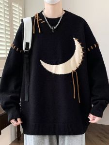 American Style Mens Knitted Sweater Autumn Winter Loose round Neck Splicing Fashionable Knitwear Outerwear Youth Popular