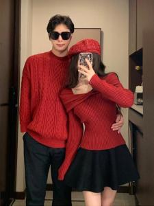 Couples Sweaters Autumn Winter Red Butterfly Knot One Shoulder Knitted Sweater Womens Year of Birth Zodiac New Year Atmosphere