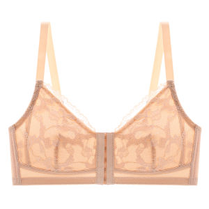 Qianmeier Big breasts make small Push Up Bras  lace front button ultra thin cup no underwire push-up bra with big breasts and small side receiving bra