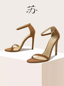 เซ็กซี่ สีน้ําตาล ไม่มีสาย รองเท้าแตะกํามะหยี่ ผู้หญิง ไนท์คลับสไตล์ยุโรปรองเท้าส้นสูงรองเท้าส้นสูงตัดกาวหนังแกะเชื่อม