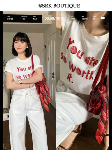 Áo Thun Cotton SRK Tay Ngắn Thêu Chữ Trang Trí Đính Hạt Ôm Vừa Vặn Màu Trắng Cổ Tròn Mùa Hè Phong Cách Đường Phố Giản Dị Giản Dị