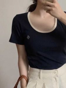 Miki Studio 528 Korean Brand Gvo Embroidery U-neck 95% Cotton Short Sleeve Basic T-shirt Womens Summer Slim Fit Tee