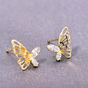 เม็ดพลอยประดับลายผีเสื้อสองชั้น3มิติเต็มรูปแบบ S925 แผ่นเงินสเตอริงก์14K โพรงกลวงสีทองและเพชร-Encrusted หญิง (เม็ดพลอย)