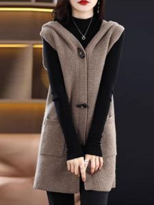 Womens Cashmere Cardigan Sleeveless Knitted Wool Vest Hooded Medium Length Pure Color Button Front Open Style Commute Wear