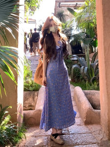 Summer Beautiful French Style plus Size Set Waist Cinched Blue Floral V-Neck Dress Casual High Waist Long Pants A-Line Skirt