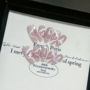 Handmade Long Pink Heart Cat Eye Nail Art Stickers Wedding New Bride Finished Product Wearable False Nails Gentle Color Series