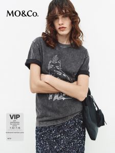 MO&Co. | Short Sleeve Cotton Tee with Cat Print and Diamante 2026 Spring