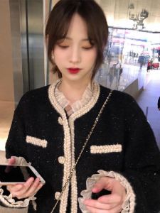 French Style Lace Trim Tweed Coat