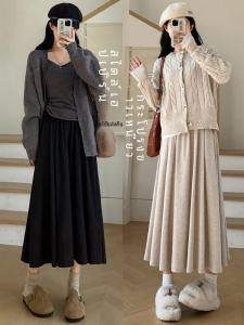 Black High Waist A-Line Midi Skirt Womens Spring Autumn New Style Small Size Draping Half Skirt Korean Style Pure Color