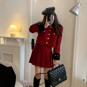 Red Women's Slimming Fashion JK Pleated Skirt Two-Piece Set Chinese Brand Cotton Long Sleeve Button Up