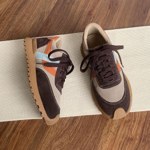 Leather Retro Womens Casual Sports Shoes Original Deqin Shoe College Style Color Block Dad Shoes Fashionable Knot Cross Strap