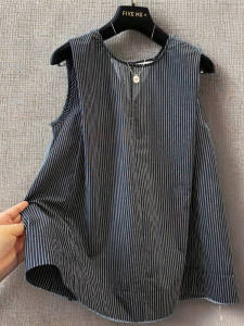 เสื้อเชิ้ตแขนกุดคอตั้งลายสก็อตสไตล์เกาหลี 2025 สำหรับผู้หญิง ทรงหลวม สง่างาม กระชับสัดส่วน คอตั้ง แขนกุด