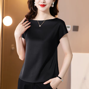 Acetate Silk Short Sleeve V-Neck T-Shirt Womens Fashionable Summer Top Thin Classic Solid Color Commute Style Loose Fit