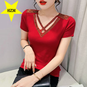 HZM 2023 summer new tide female design sense heavy iron drill fashion V-neck foreign style matching short sleeve T-shirt top