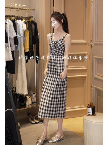 Zhang Yuan Yi Womens Vintage Plaid Strap Dress Summer Slimming Midi Skirt High Waist A-Line Dress Korean Style No Sleeve V-Neck