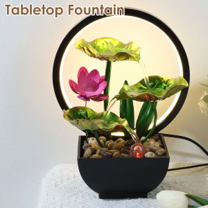 Tabletop Fountain 3-Tiers Lotus Leaf Small Waterfall Fountains Indoor Water Fountain with Rocks and LED Ring Lights Desktop
