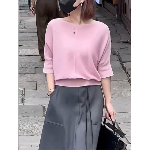 QINGNAER | Pink Gentle Style Loose Round Neck Half Sleeve Knit Top for Women