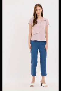 Front Decorative Pleats Round Neck Asymmetrical Overlay Blouse Top