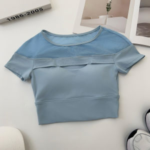 Pilates Training Clothes Short Sleeve Casual Patchwork Fixed Cup Fitness Bra Breathable Leisure Yoga Sports Top Women