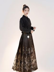 Black Hanfu Style Horse Tailed Skirt Set Large Size Autumn Winter Daily Commuting Traditional Chinese Costume High Waist H-Shape