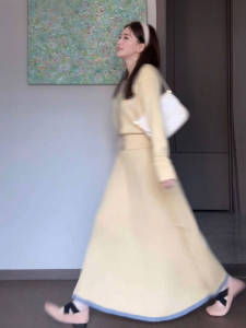 CHANGTONG | Sweet Knitted Top And Skirt Set Gentle Style Comfortable Mid-Length Skirt Button Closure V-Neck Long Sleeve For Office Wear