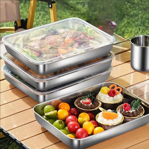 Large Stainless Steel Rectangle Tray BBQ Food Serving Plate Rice Noodle Pan Home Picnic Plate Kitchen Preserve Storage Box