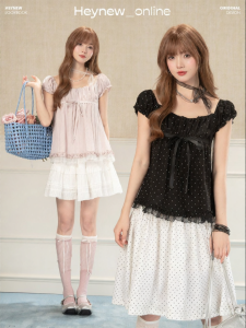 loveheynew | Áo Thun Tay Bồng Dây Ruy Băng Cổ Vuông Màu Hồng Trẻ Trung