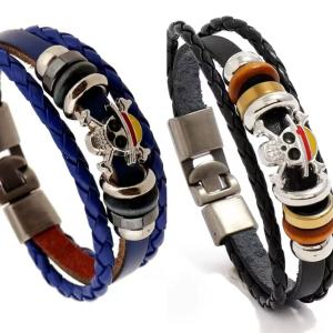 Bandai | 2-piece Luffy Straw Hat Anime Cosplay Woven Leather Wristband Mens and Womens Street Wear Gift Se