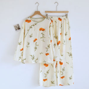 New Chinese Style Pure Cotton Gauze Sleepwear Ladies Overhead Nine Sleeve Nine Pants Home Clothes Set Comfortable Casual Home Scene