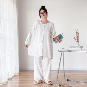 round Neck Pure Cotton Gauze plus Size Pajamas Womens 100.00kg Spring and Autumn Long Sleeve Pants Plus Size Ladies Loose Homewear Suit