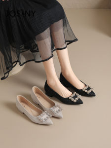Josiny | Low Heel Wedding Shoes Pearls Buckle No Grinding Comfort Soft Leather Pointed Toe Slip On