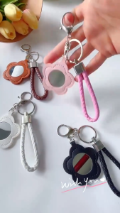 Flower Mirror Keychain Pendant PU Leather Portable Make-up Mirror Key Chain Bag Ornaments