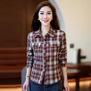 เสื้อเชิ้ตลายสก็อตผู้หญิงทรงหลวมแขนยาวฤดูใบไม้ผลิและฤดูใบไม้ร่วง เสื้อเชิ้ตแบบลำลองสำหรับสวมใส่ไปทำงาน