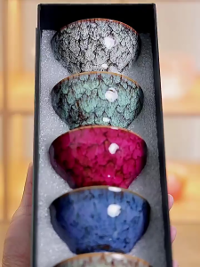 Bộ 5 Chén Ngũ Hành Kiến Trản Men Hoả Biến Thủ Công – Gốm Nghệ Nhân Độc Bản Trang Trí Phong Thuỷ