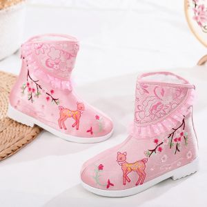 Girls Hanfu Snow Boots Embroidered Fleece Lined Beijing Style Childrens Shoes Traditional New Year Tang Costume Footwear