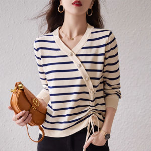 Stylish French Elegant Versatile Stripe V-neck Knitted Sweater