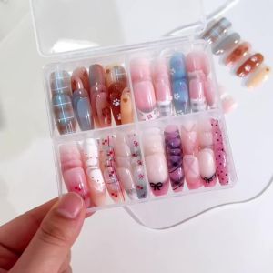 120Pcs Kawaii French Plaid Polka Dots Fake Nails Medium Oval Press On Nail Tips Spring Flower Cherry Wearable False Fingertips