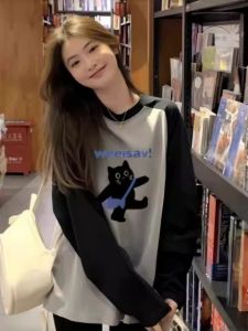 เสื้อยืดคอกลมแขนยาวผ้าฝ้ายหลวมสไตล์เกาหลีสำหรับนักเรียนหญิงวัยกลางคนและวัยรุ่น เสื้อชั้นในแฟชั่นฤดูใบไม้ผลิและฤดูใบไม้ร่วง