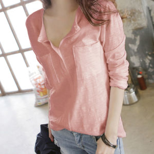 Spring Autumn Korean Style Bamboo Cotton Long Sleeve T-shirt for Women Loose Fitting V-Neck Pure Cotton Underwear Shirt