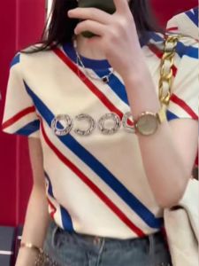 Áo Thun Nữ Tay Ngắn Sọc Màu Khối Thời Trang Thiết Kế Đa Năng Vai Khoét Sâu Mới 2025 Chất Liệu Cotton Polyester PU Thường Ngày