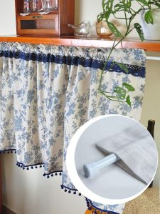 Blue French Cotton Linen Short Curtain Small Kitchen Window Covering Magic Stick No Drill Coffee Filter Curtain Country Style
