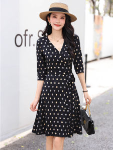 Elegant Black Polka Dot Silk Wrap Dress Slimming High Waist A-Line Skirt V-Neck Summer Fashion Luxury French Style Dress