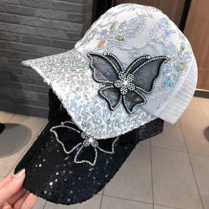 Shiny Rhinestone Butterfly Women Baseball Cap Summer Breathable  Mesh Sun Hat Glitter Sequins Ladies Girls Peaked Caps
